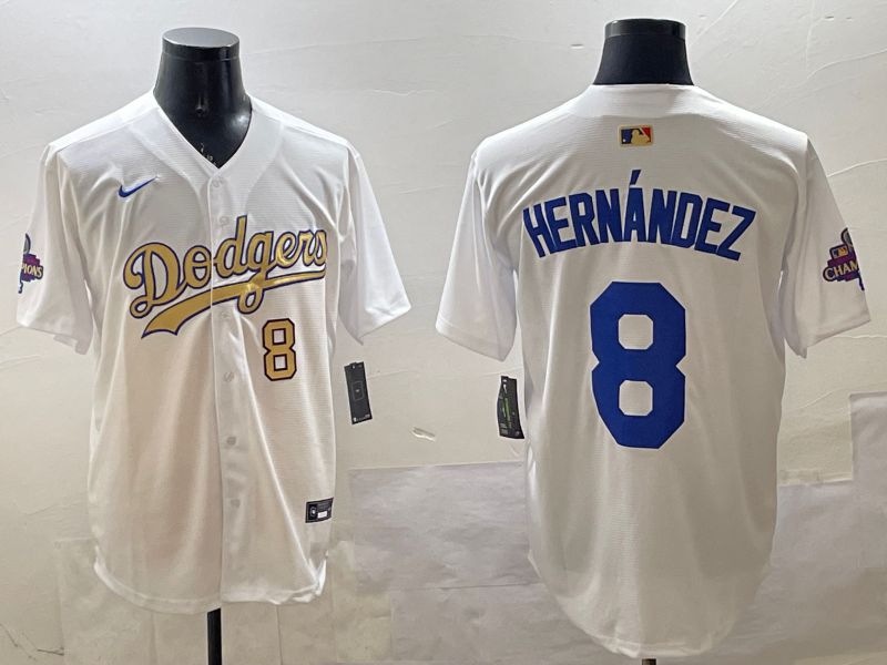 Men Los Angeles Dodgers 8 Hernandez White Champion gold character 2025 Nike MLB Jersey style 3316